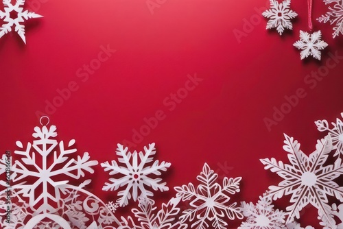 Merry Christmas and Happy New Year greeting card design with paper cut snowflakes with copy space. Seasonal holidays paper art banner. Generative AI