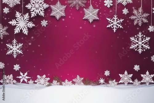 Merry Christmas and Happy New Year greeting card design with paper cut snowflakes with copy space. Seasonal holidays paper art banner. Generative AI