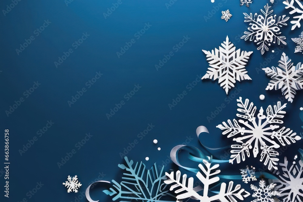 Merry Christmas and Happy New Year greeting card design with paper cut snowflakes with copy space. Seasonal holidays paper art banner. Generative AI Merry Christmas and Happy New Year greeting card design with paper cut snowflakes with copy space. Seasonal holidays paper art banner. Generative AI