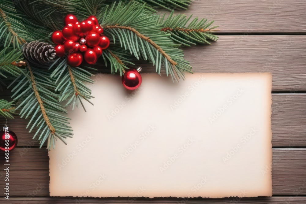 Obraz premium Merry Christmas and Happy New Year greeting card design with spruce branches and decorations with copy space. Seasonal holidays banner. Generative AI