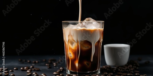 iced coffee poured into a glass on a black background, in pop culture infusion style, kimoicore, cut and stick, vintage inspired, dark white and light beige. photo