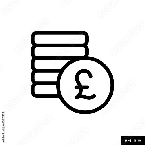 Coins stack, revenue, money with pound sign, pound sterling currency symbol vector icon in line style design for website, app, UI, isolated on white background. Editable stroke. Vector illustration.