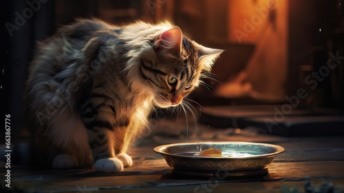 A beautiful cat gracefully laps up milk from a dish, its whiskers twitching with every sip, a serene moment captured. Generative AI.