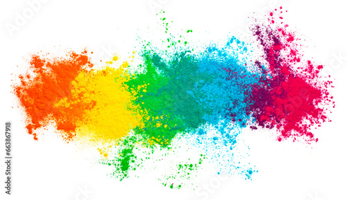 Multicolor holi paint powder explosion isolated on white background