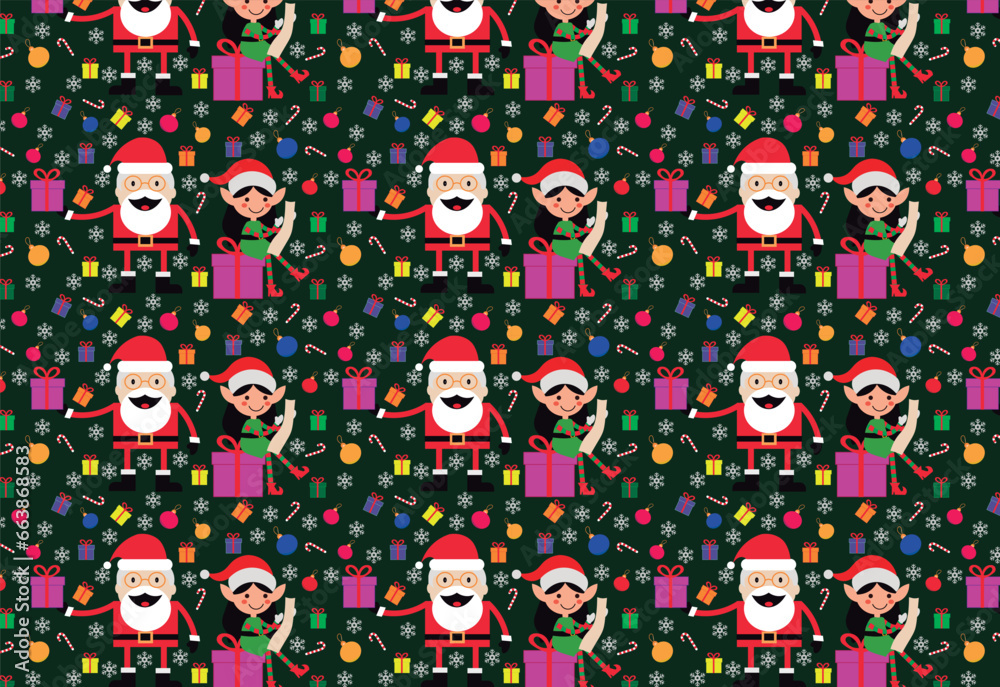 Festive dark green Christmas pattern with Santa Claus, helpers, baubles, snowflakes and gifts. Ideal for fabrics and paper prints. Festive dark green Christmas pattern with Santa Claus, helpers, baubles, snowflakes and gifts. Ideal for fabrics and paper prints.