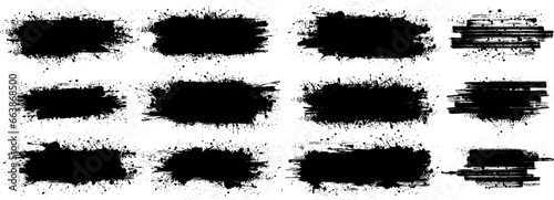 Collection Black Grunge Brush Strokes on Transparent Background for Design Elements and Textures. Ink brush stoke stencil. Rectangle text boxes. Isoleted black ink stencils for graphic design. Vector