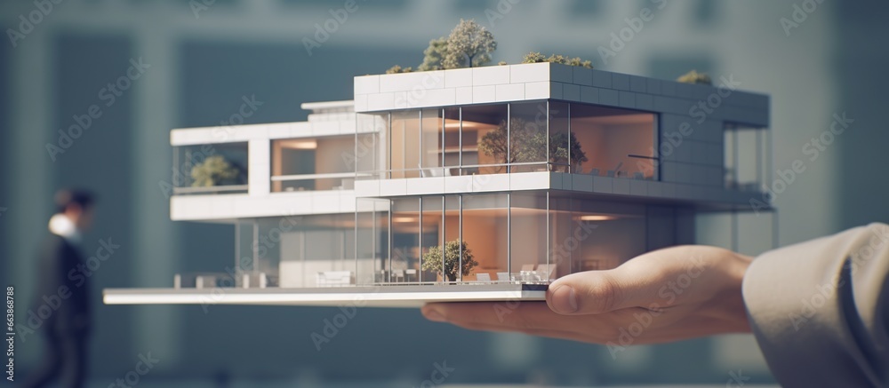 businessman is holding an architectural model of house - obrazy, fototapety, plakaty 
