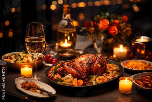 A rustic Thanksgiving dinner table adorned with a succulent turkey centerpiece, inviting family and friends