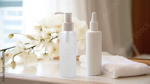 Cosmetic product packaging template with pump on white interior background with elegant flowers. Mockup of bottle facial care gel for delicate moisturizing.