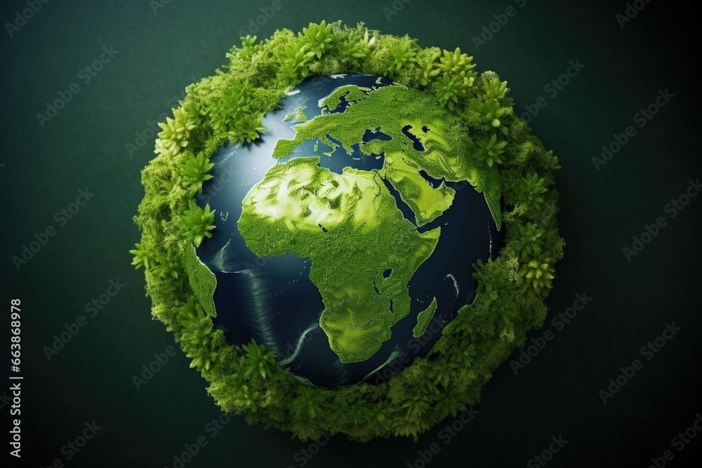 Planet earth made from green leaves and grass