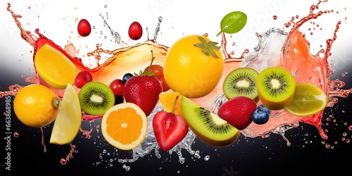 various fruits and water splashes on a black and white background, with bold colors, strong lines and smooth generative AI. photo