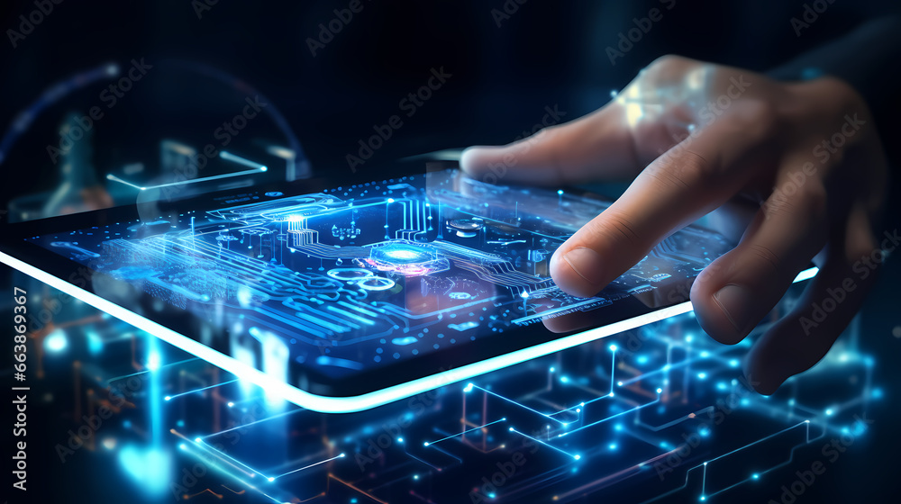 close up of a person holding a holographic digital tablet close up of a person holding a holographic digital tablet