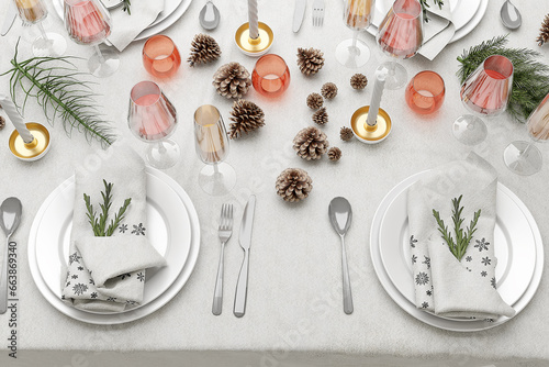 Beautiful table setting for Christmas dinner, flat lay. 3D render