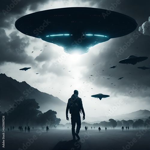 Black view of man locking at alien invasion, UFO flying in the sky photo