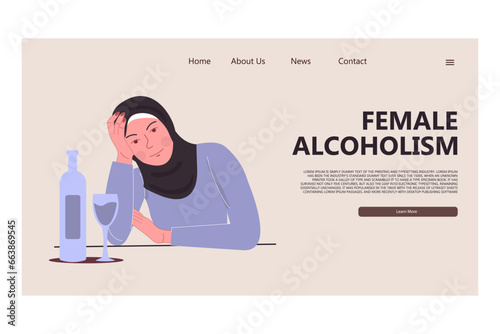 Female alcoholism landing page template. Muslim woman hijab