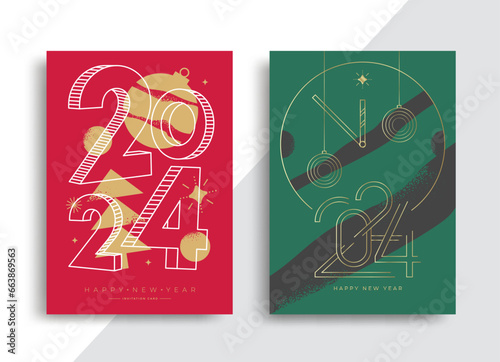 Happy New Year 2024 posters. Greeting vintage cards with Holiday typography. Vector