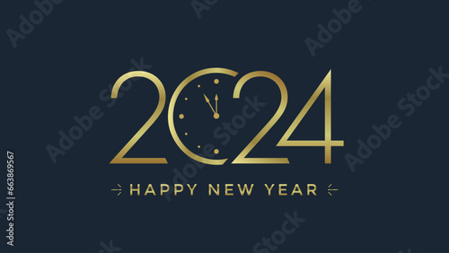 Happy New Year 2024 greeting card design with golden clock on dark background.