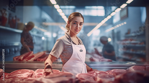 Young smiling woman butcher standing at the meat counter.