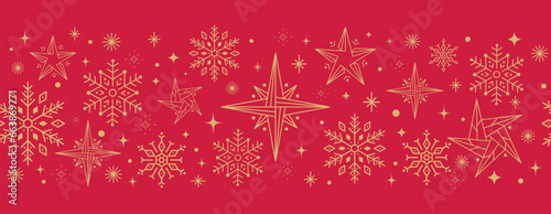 Christmas seamless pattern with golden Snowflakes and stars. Holiday xmas geometric background.