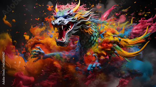 Dragon art with different colors splashed illustration