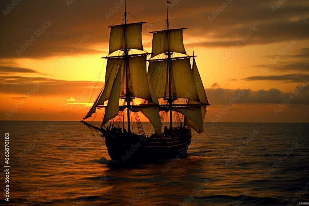 Sailing vessel at dusk. Generative AI