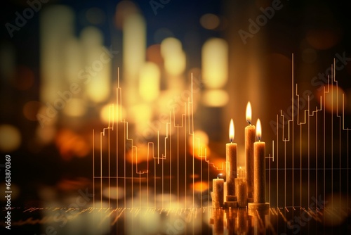 Blurred background with financial chart and candlestick, symbolizing economy growth. Generative AI