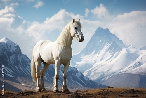 Beautiful landscape with a majestic snow-white horse standing against a breathtaking mountain backdrop. Generative AI