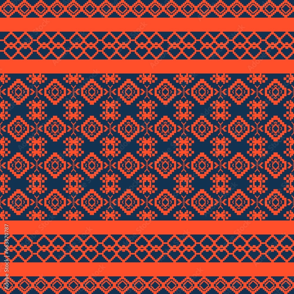 Geometric ethnic pattern with various repeated elements including floral border, traditional background, pixel art style, cross stitch design, embroidery, for decoration, fabric, home decor. Geometric ethnic pattern with various repeated elements including floral border, traditional background, pixel art style, cross stitch design, embroidery, for decoration, fabric, home decor.