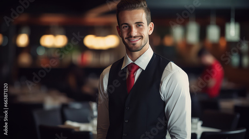 Young attractive male waiter in uniform on background of cafe or restaurant. Vacant waiter position  invitation to work. 