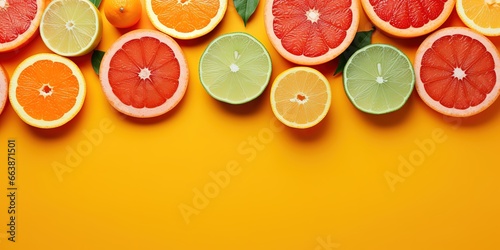orange fruit slices yellow background, generative ai. photo