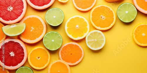 orange fruit slices yellow background, generative ai..