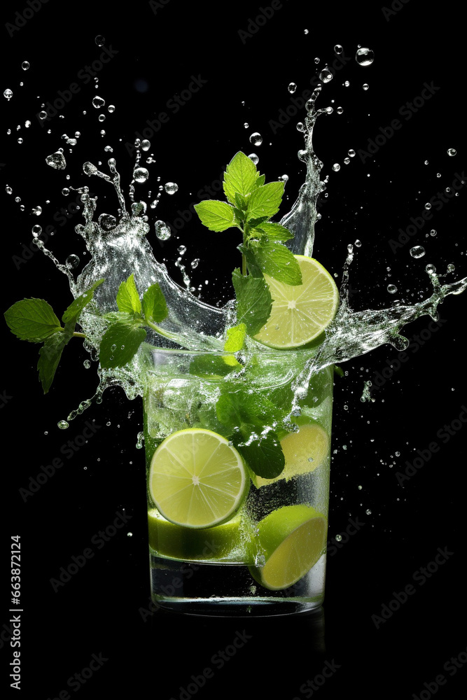 Fototapeta premium Mojito drink wish splash, isolated on black background. Generative ai.
