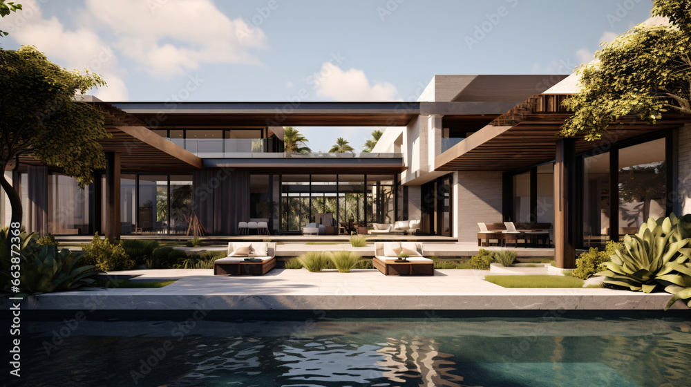 Fototapeta premium Modern house with swimming pool at sunset. Luxury villa