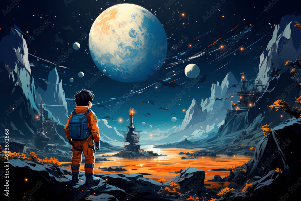 Naklejka premium This cosmic illustration portrays adventurous kids as they journey through the universe