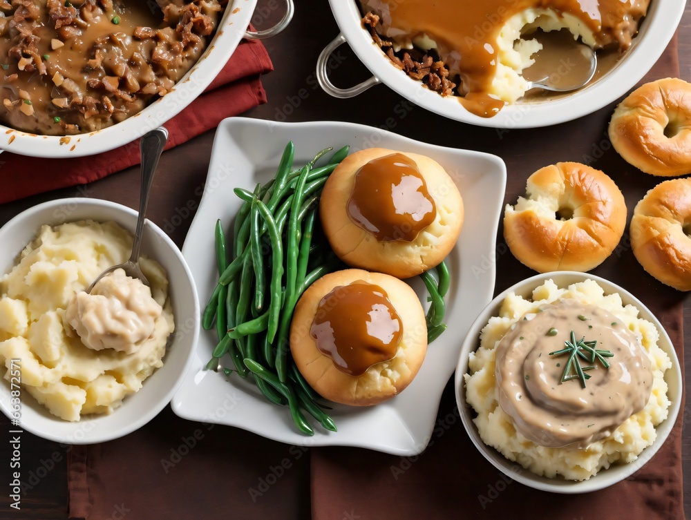 A Table With A Variety Of Dishes And Dishes