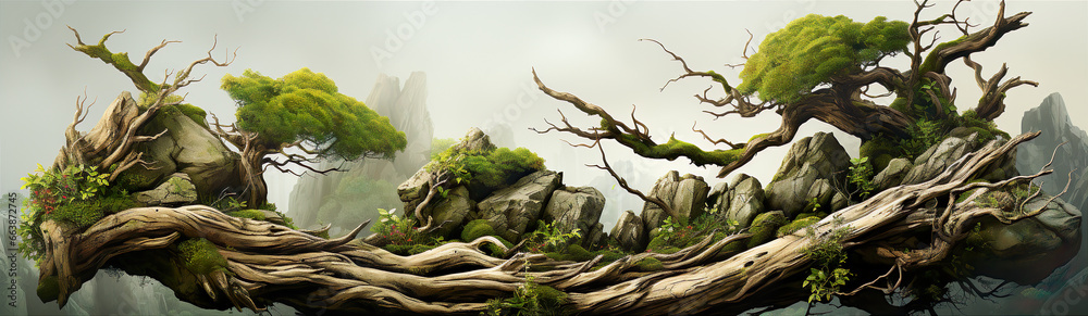 Fototapeta premium A Composition Consisting Of A Large Tree Trunk, Stones And Plants. Illustration On The Theme Of Vegetation And Nature, Ecology And Climate. Generative AI