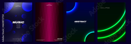 Set of Neon Gradient Poster templates. Techno glowing lines abstract layouts. Digital cyber posters. Vector Illustration.