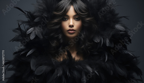 Fashion portrait of beautiful young gorgeous brunette woman with black feather and fur boa