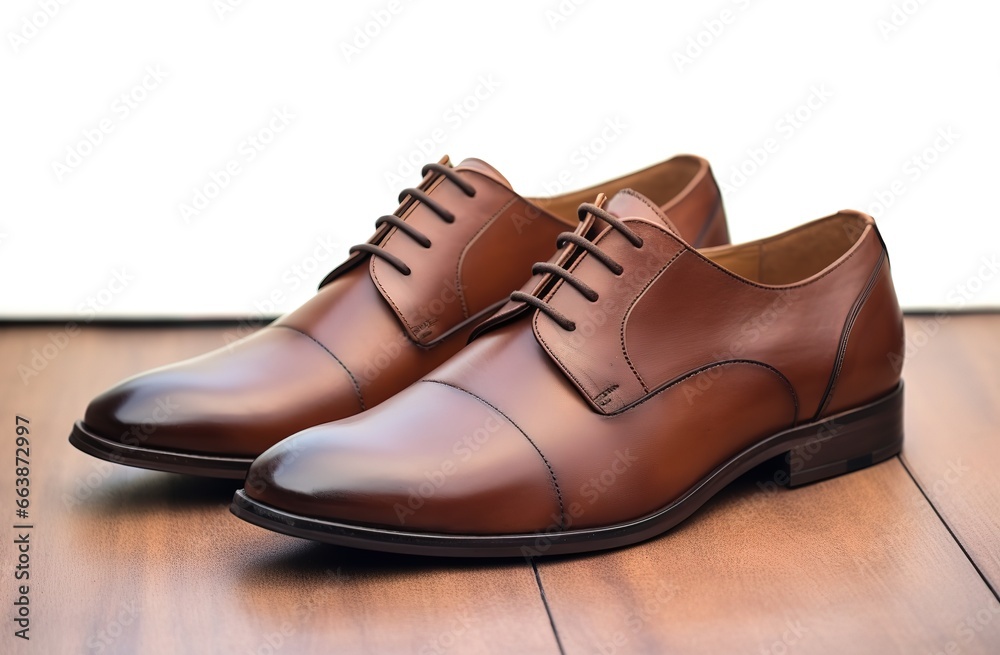 a shiny light brown shoe, on a white background.