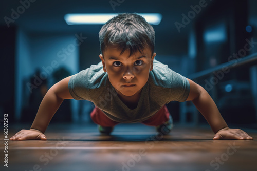 Dedicated little boy doing push ups at gym.