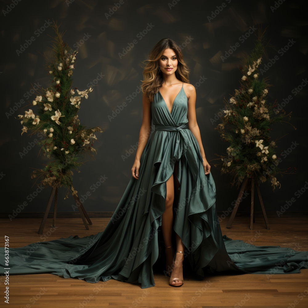Portrait of gorgeous woman in luxury evening dress ready to celebrate Christmas night, corporate party