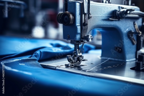 Closeup sewing machine working part textile. Needle equipment machinery industry cloth. Generate Ai photo