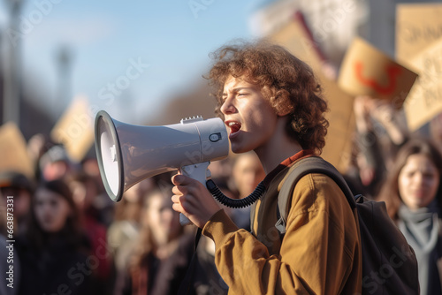 Male student with megaphone leading climate change protest.