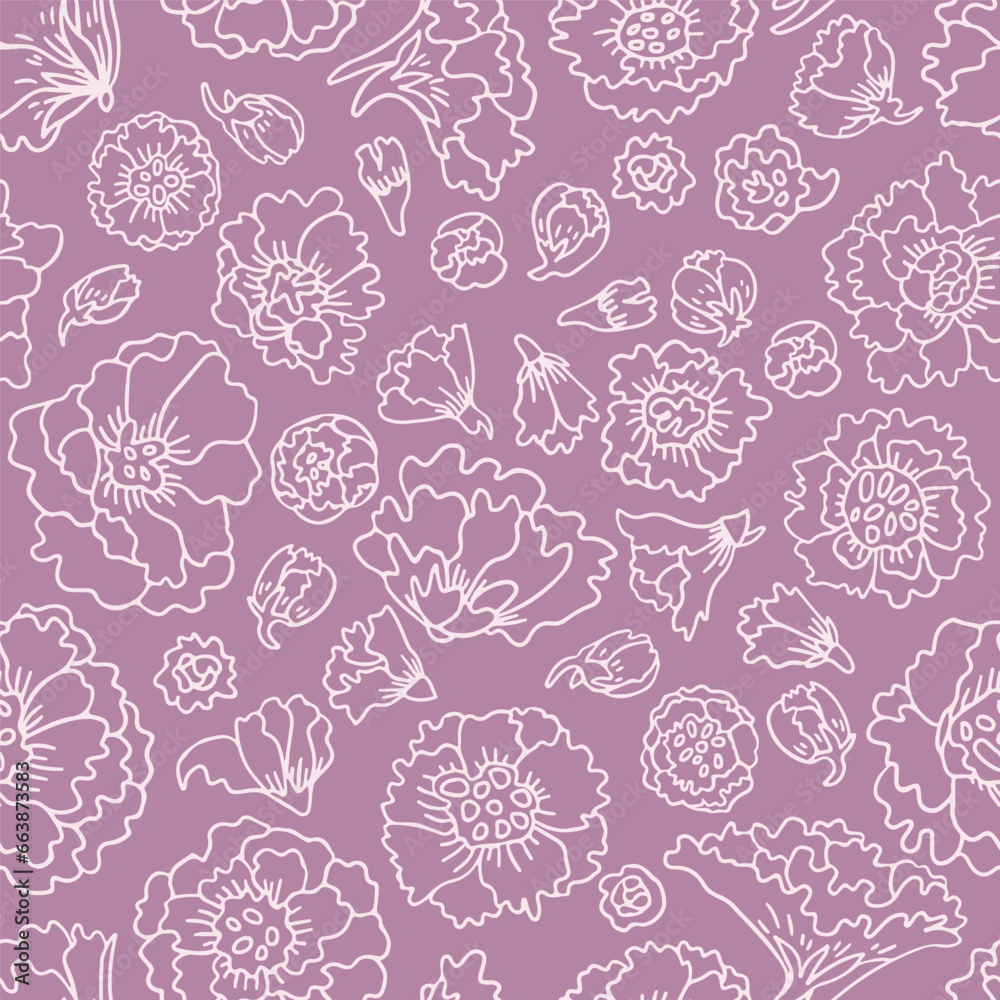 Delphinium floral pattern with white bold outlines on a violet background.