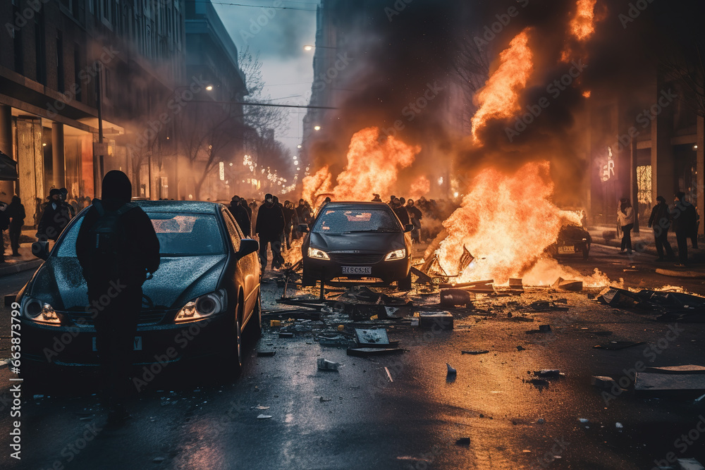 Cars in flames during the protests. - obrazy, fototapety, plakaty 