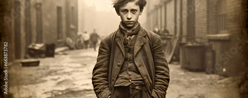 A boy standing on the street. Vintage 1900s style street photography. photo