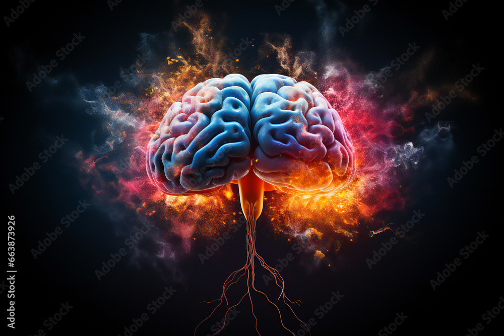 Colored human brain with wires coming out from it. Human brain and consciousness concept. Colored human brain with wires coming out from it. Human brain and consciousness concept.
