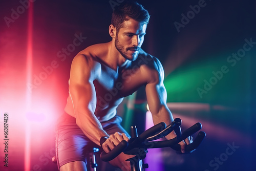Muscular young shirtless man riding a stationary bike in health club with dynamic multi colored lights in the background. © Bojan