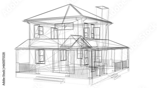 Endless loop of 3d house sketch rotating on white background.