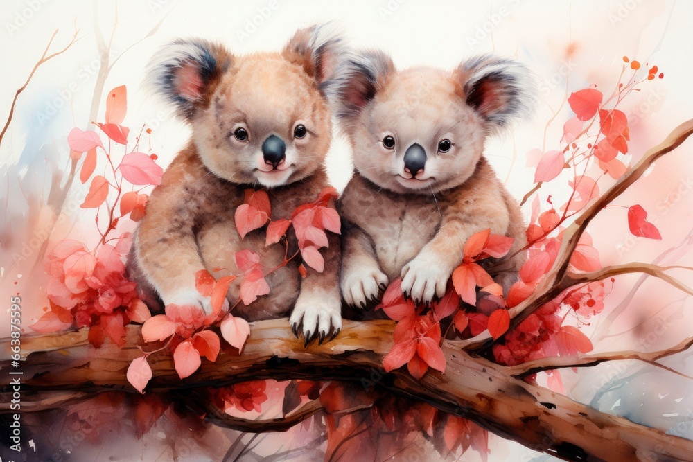 The playful essence of love is captured with cute watercolor koalas, surrounded by whimsical hearts and balloons. The playful essence of love is captured with cute watercolor koalas, surrounded by whimsical hearts and balloons.